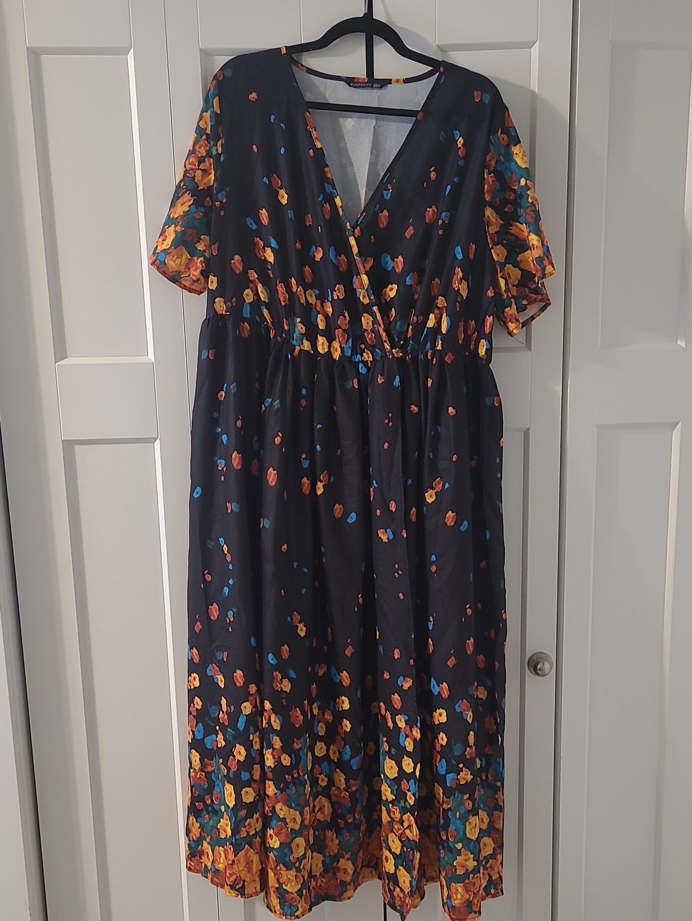 Bloomchic Floral Wrap Midi Dress - Navy with Orange & Blue Accents